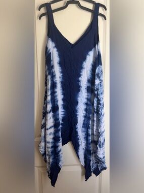 Tie-Dye Indigo Blue rayon coverup S dress beachy coastal maritime boho flowy
